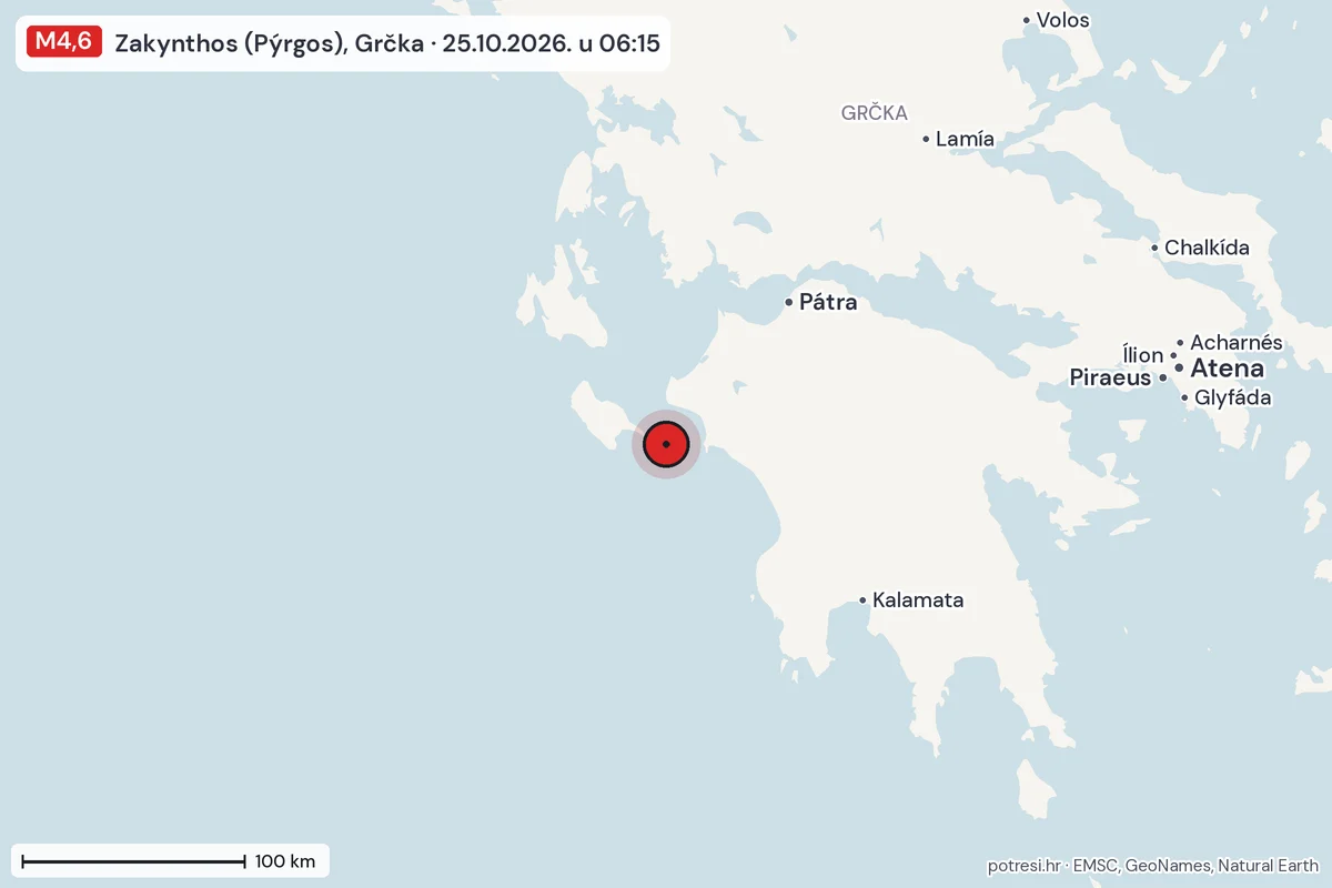 Karta: šire područje, 600 km, potres M4,6, Zakynthos (Pýrgos), Grčka, 25.10.2026.