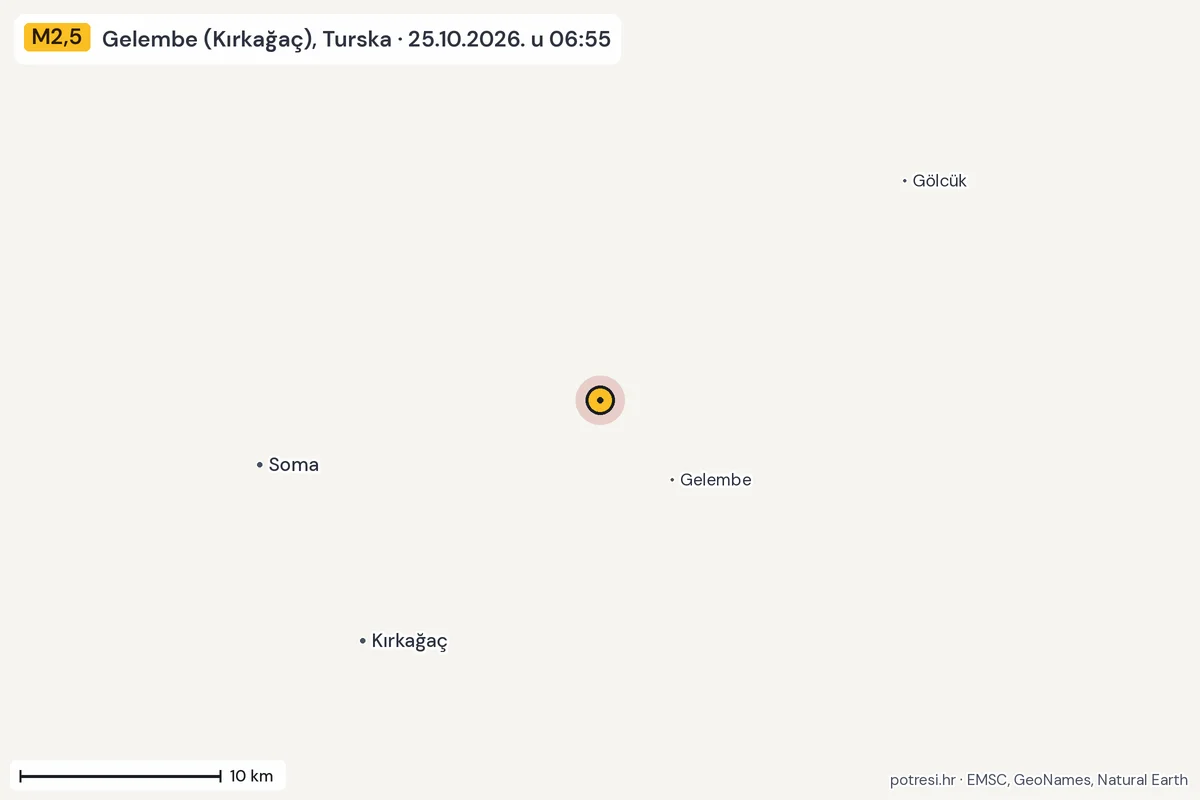 Karta: okolica epicentra, 60 km, potres M2,5, Gelembe (Kırkağaç), Turska, 25.10.2026.