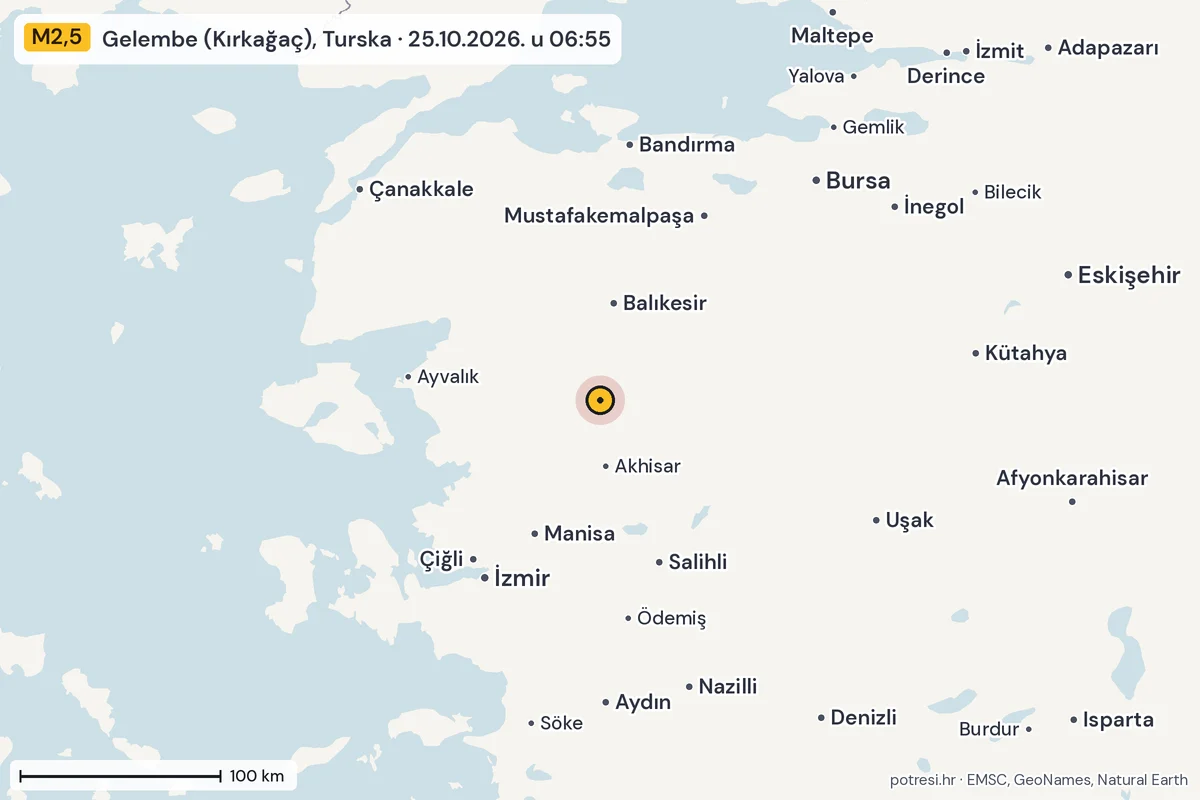 Karta: šire područje, 600 km, potres M2,5, Gelembe (Kırkağaç), Turska, 25.10.2026.