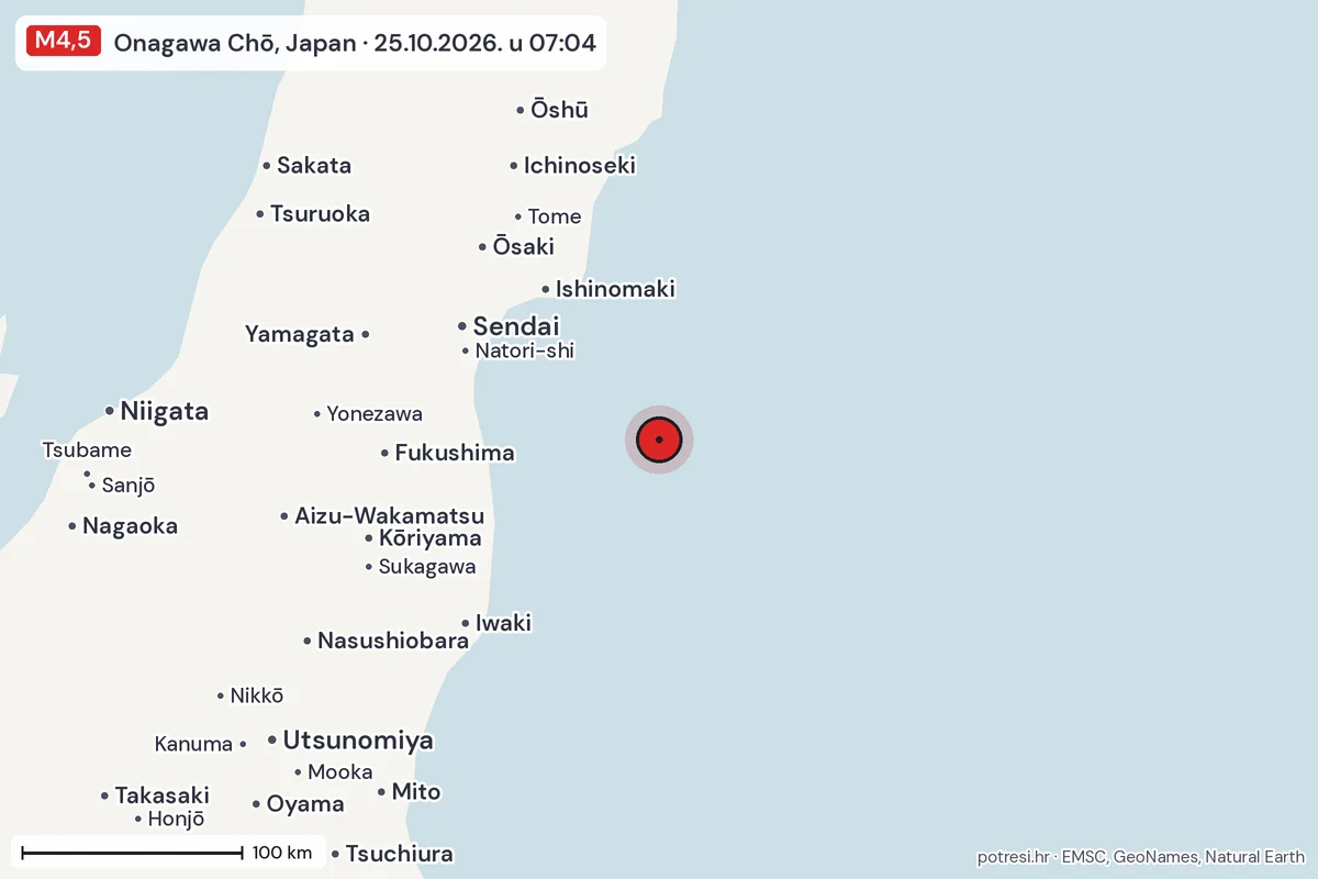 Karta: šire područje, 600 km, potres M4,5, Onagawa Chō, Japan, 25.10.2026.