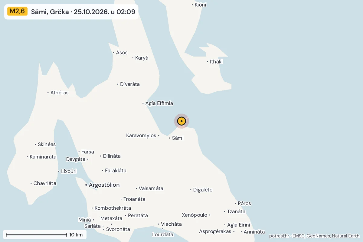 Karta: okolica epicentra, 60 km, potres M2,6, Sámi, Grčka, 25.10.2026.
