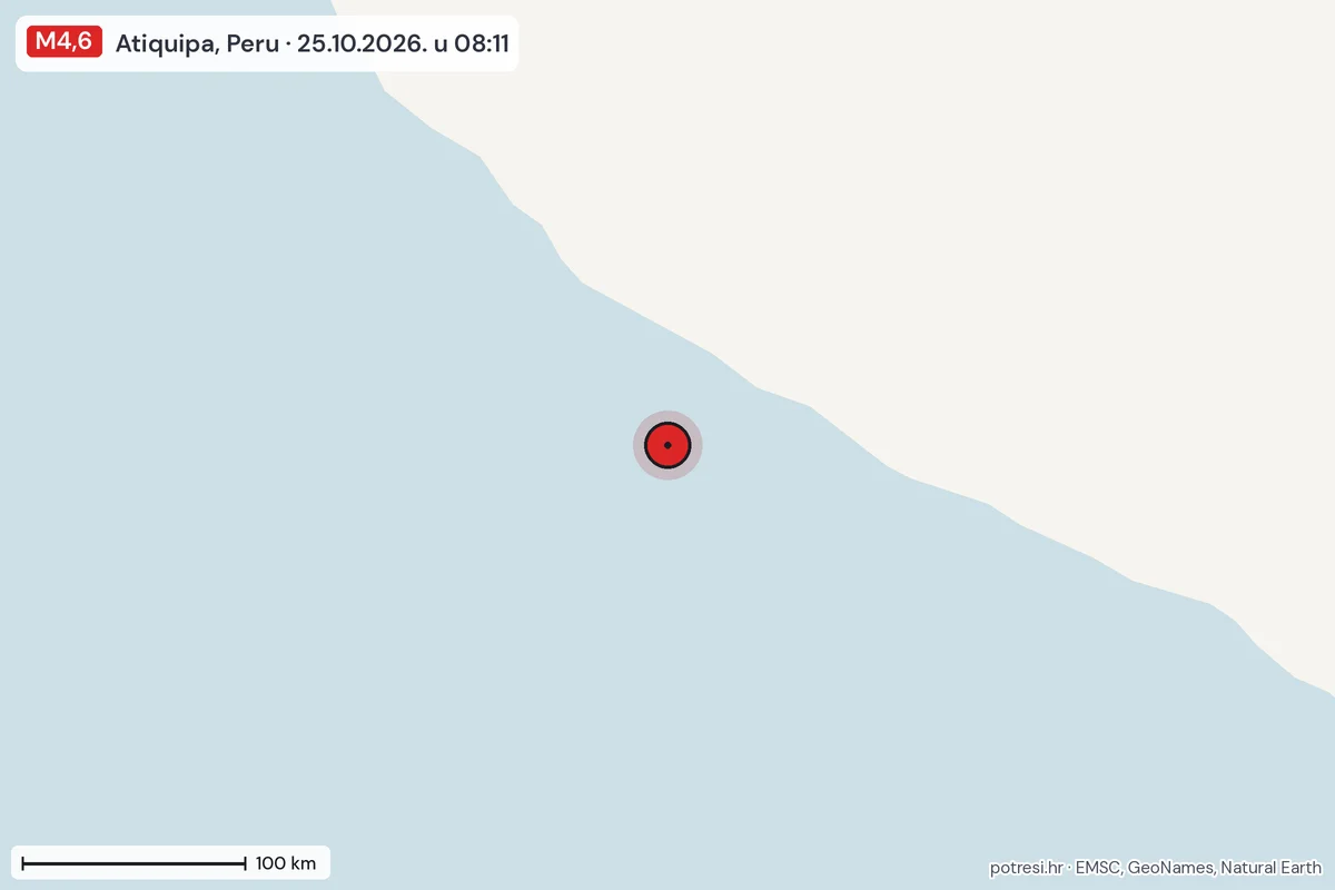 Karta: šire područje, 600 km, potres M4,6, Atiquipa, Peru, 25.10.2026.