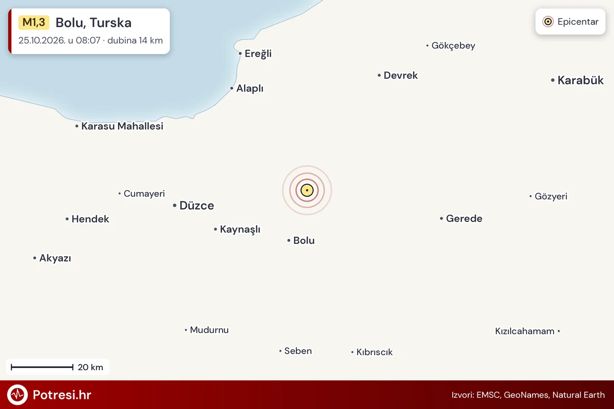 Karta: šire područje i vjerojatni doseg osjeta, potres M1,3, Bolu, Turska, 25.10.2026.