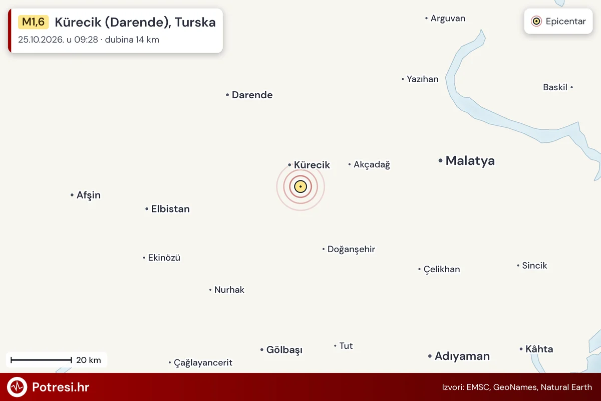Karta: šire područje i vjerojatni doseg osjeta, potres M1,6, Kürecik (Darende), Turska, 25.10.2026.