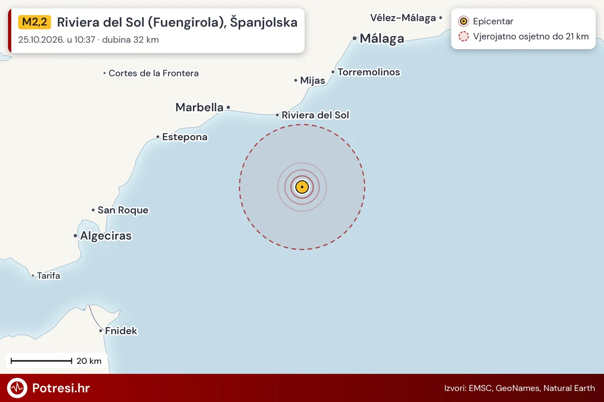 Karta: šire područje i vjerojatni doseg osjeta, potres M2,2, Riviera del Sol (Fuengirola), Španjolska, 25.10.2026.