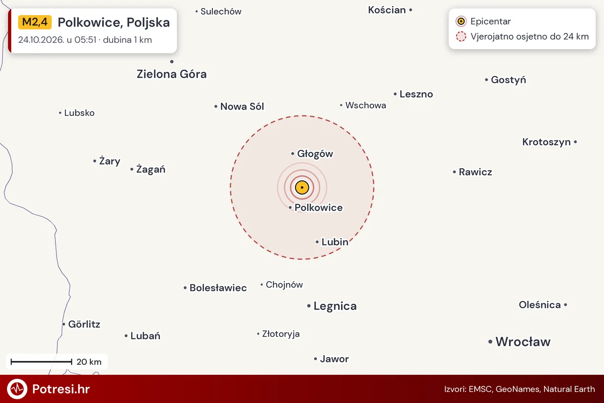 Karta: šire područje i vjerojatni doseg osjeta, potres M2,4, Polkowice, Poljska, 24.10.2026.