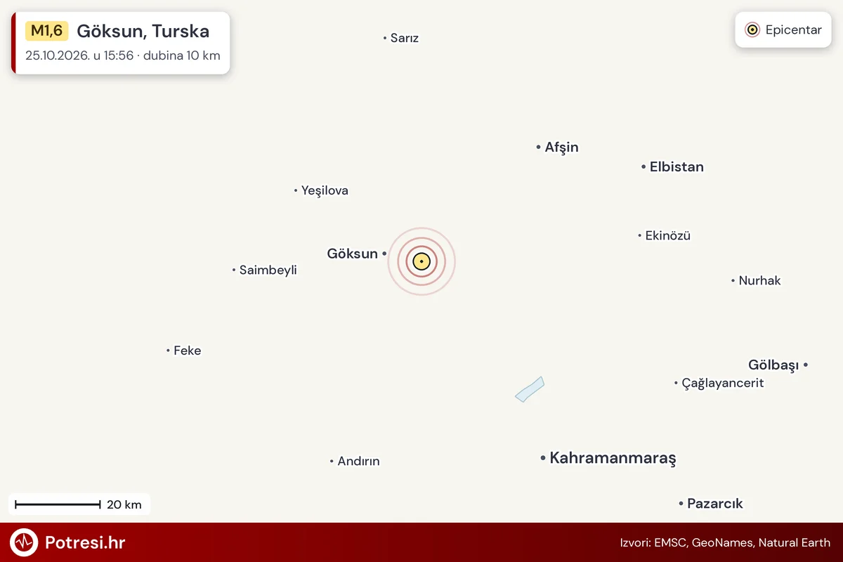 Karta: šire područje i vjerojatni doseg osjeta, potres M1,6, Göksun, Turska, 25.10.2026.