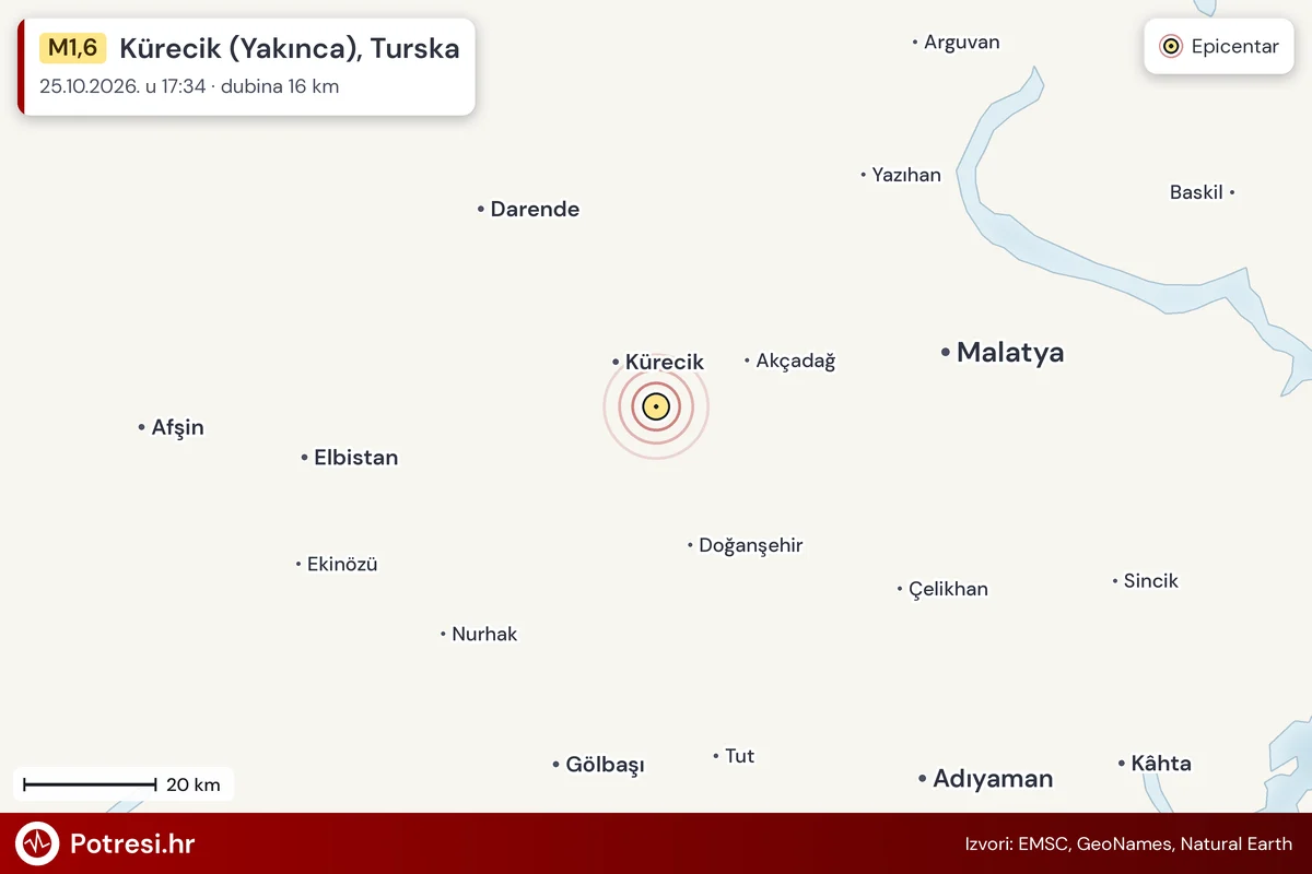 Karta: šire područje i vjerojatni doseg osjeta, potres M1,6, Kürecik (Yakınca), Turska, 25.10.2026.