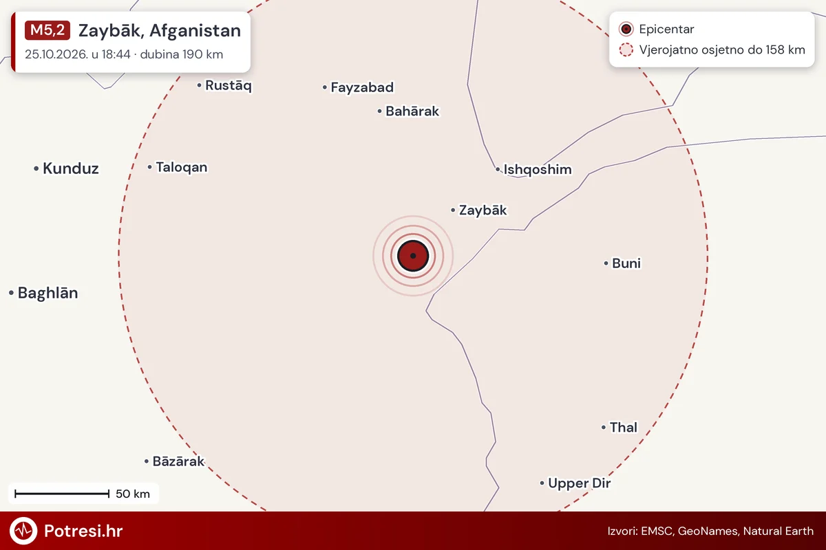 Karta: šire područje i vjerojatni doseg osjeta, potres M5,2, Zaybāk, Afganistan, 25.10.2026.
