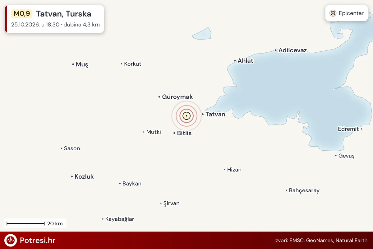 Karta: šire područje i vjerojatni doseg osjeta, potres M0,9, Tatvan, Turska, 25.10.2026.