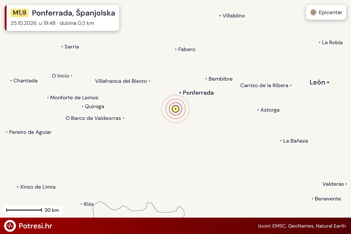 Karta: šire područje i vjerojatni doseg osjeta, potres M1,9, Ponferrada, Španjolska, 25.10.2026.