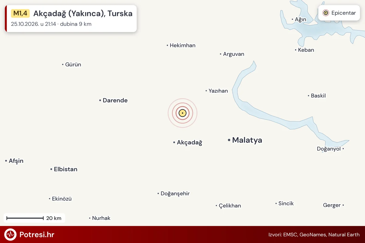 Karta: šire područje i vjerojatni doseg osjeta, potres M1,4, Akçadağ (Yakınca), Turska, 25.10.2026.