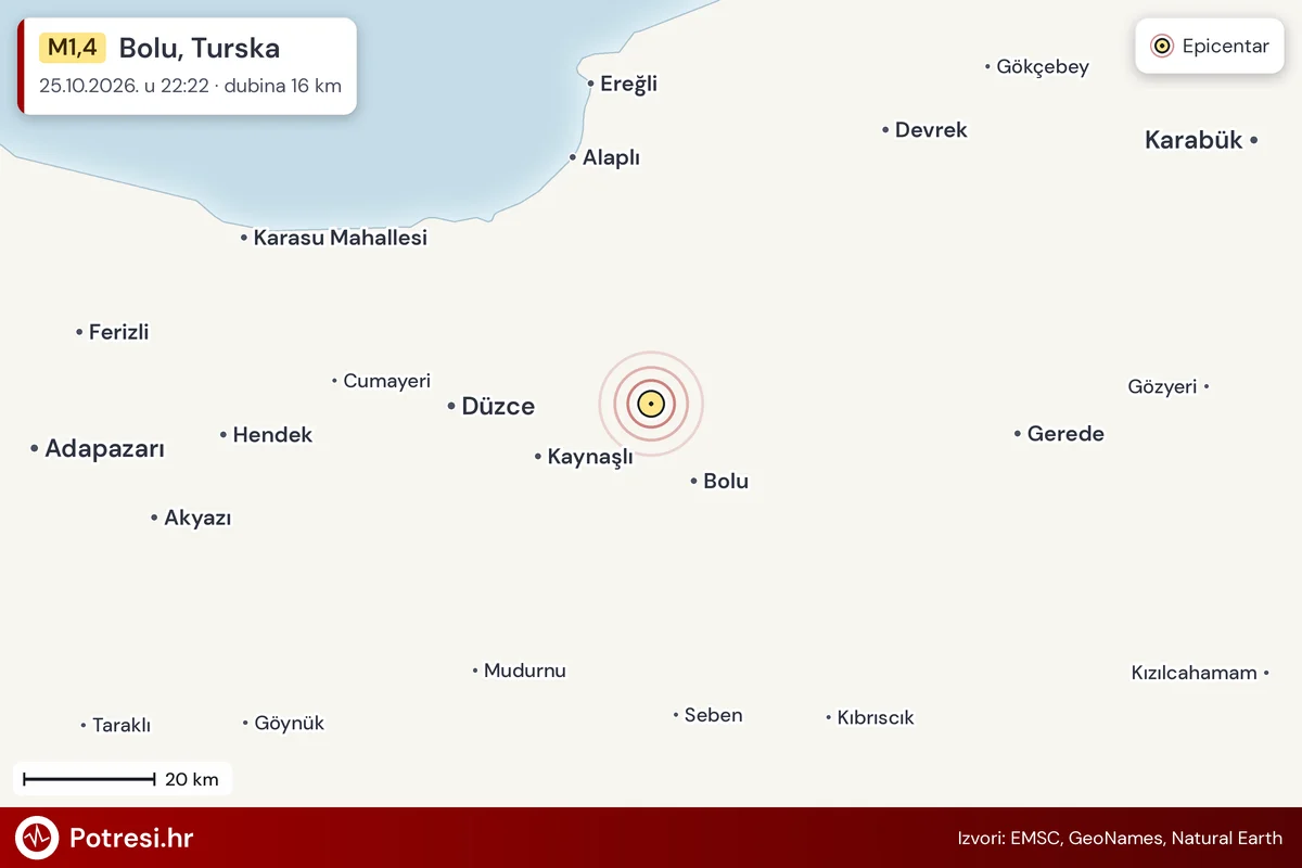 Karta: šire područje i vjerojatni doseg osjeta, potres M1,4, Bolu, Turska, 25.10.2026.