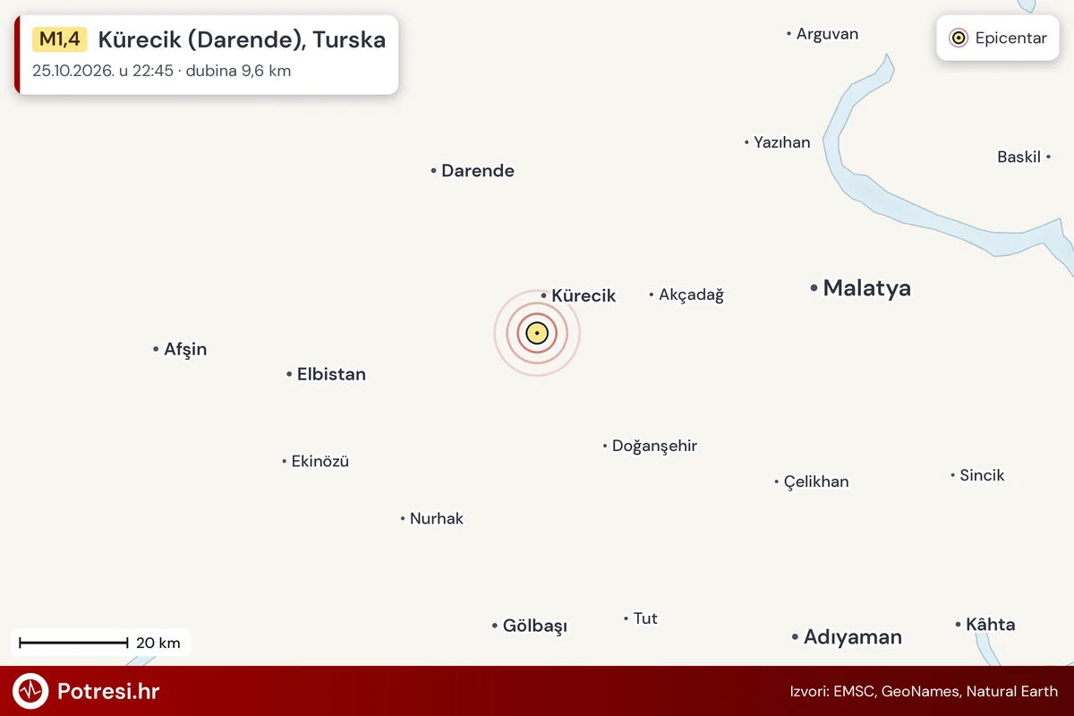 Karta: šire područje i vjerojatni doseg osjeta, potres M1,4, Kürecik (Darende), Turska, 25.10.2026.