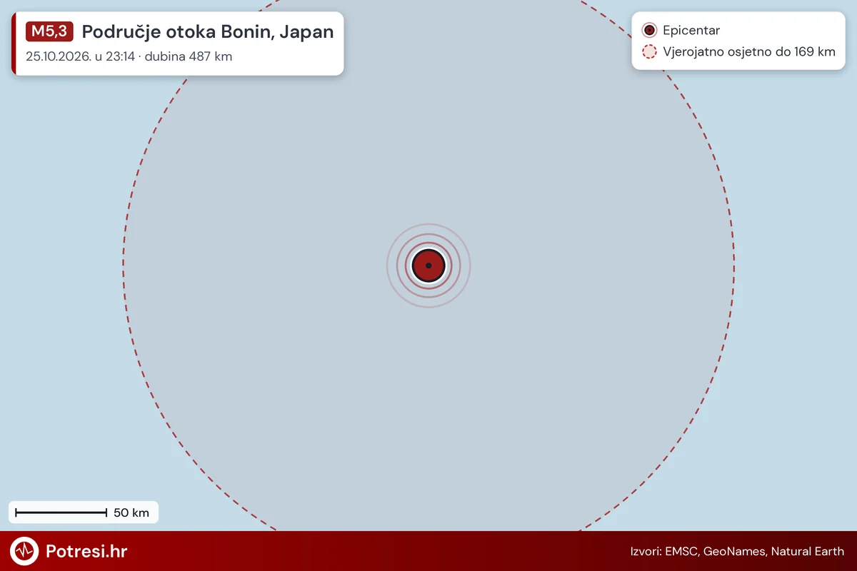 Karta: šire područje i vjerojatni doseg osjeta, potres M5,3, Područje otoka Bonin, Japan, 25.10.2026.