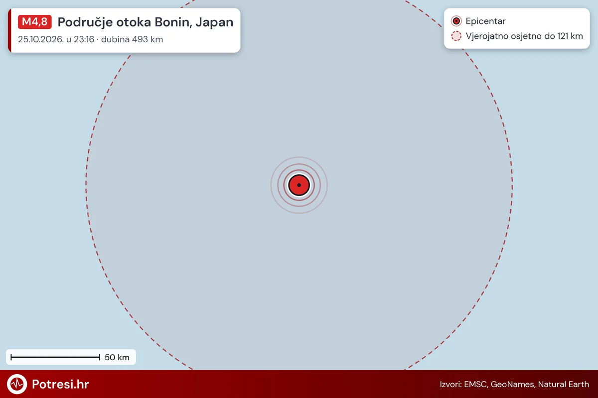 Karta: šire područje i vjerojatni doseg osjeta, potres M4,8, Područje otoka Bonin, Japan, 25.10.2026.