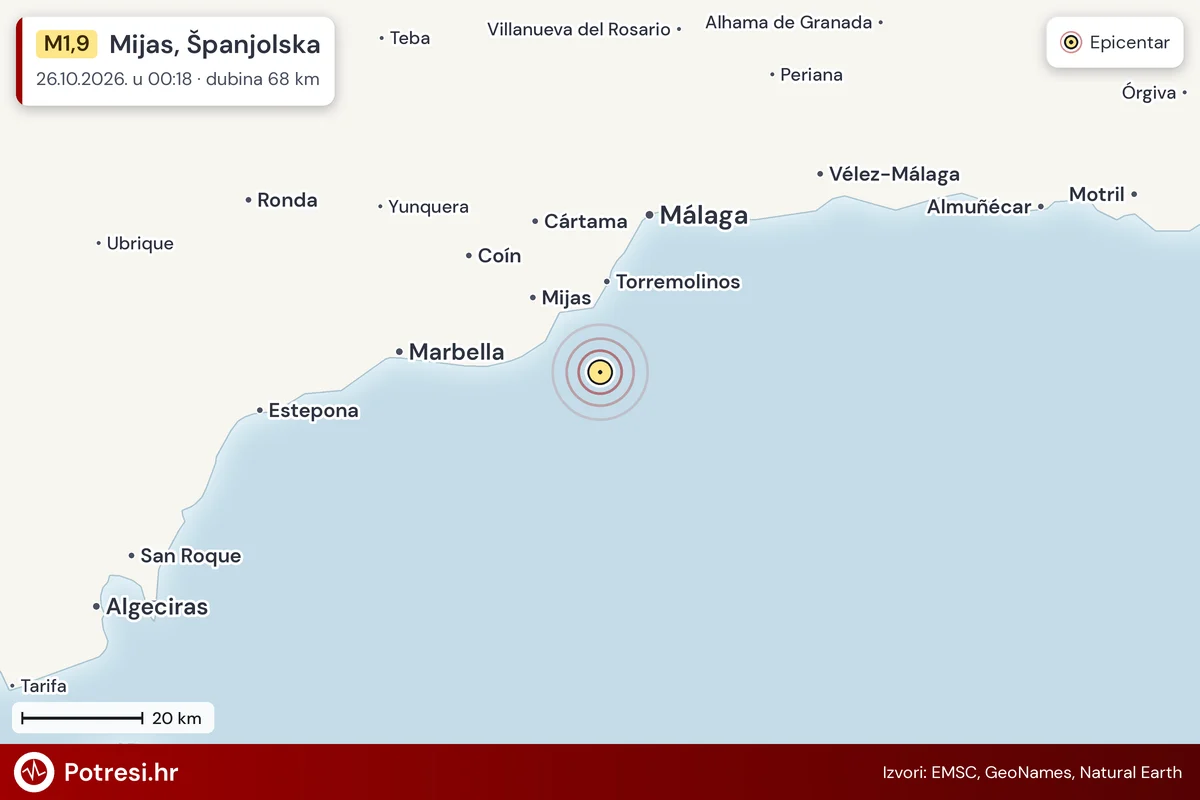 Karta: šire područje i vjerojatni doseg osjeta, potres M1,9, Mijas, Španjolska, 26.10.2026.