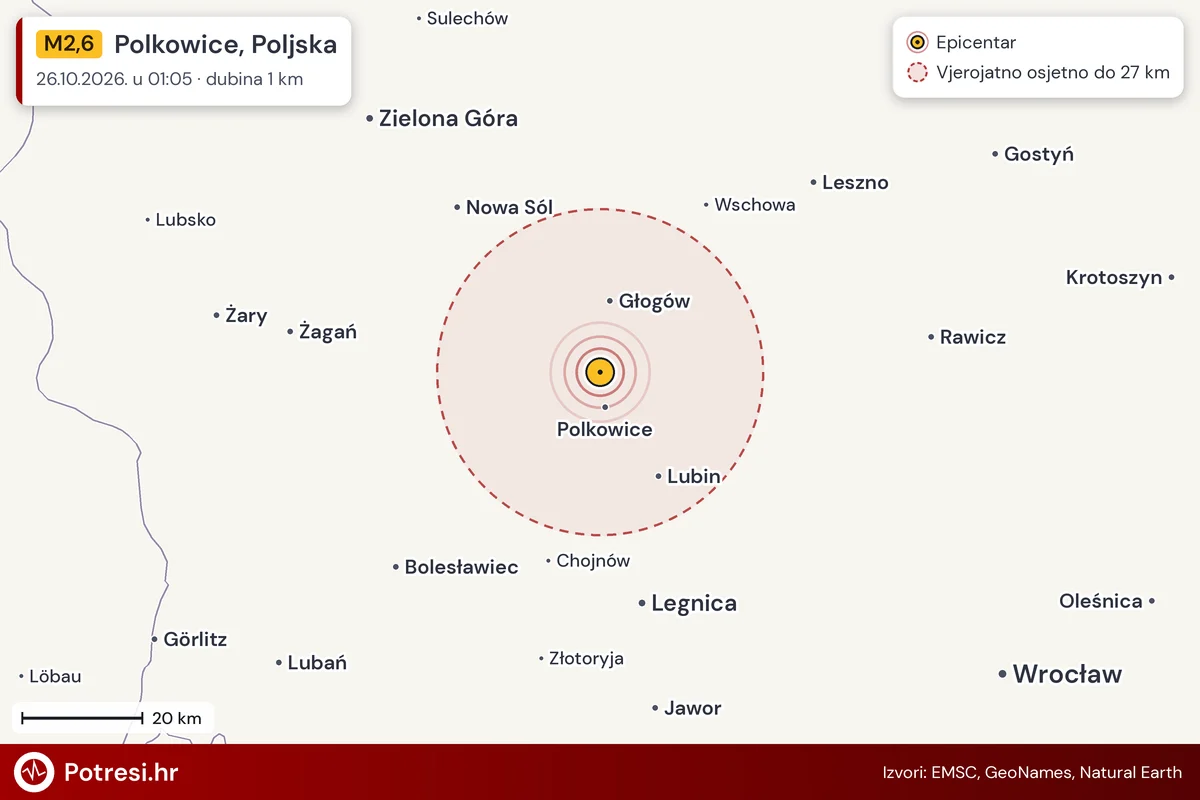 Karta: šire područje i vjerojatni doseg osjeta, potres M2,6, Polkowice, Poljska, 26.10.2026.
