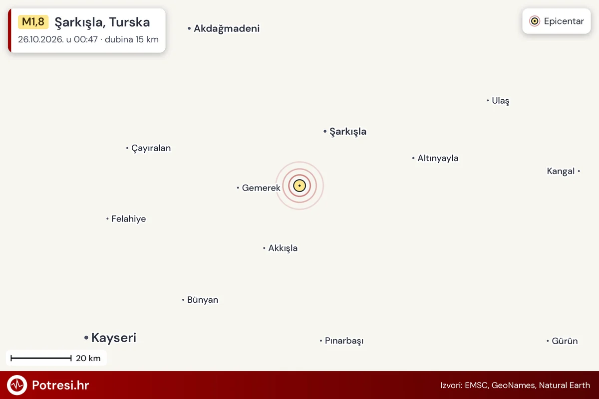 Karta: šire područje i vjerojatni doseg osjeta, potres M1,8, Şarkışla, Turska, 26.10.2026.