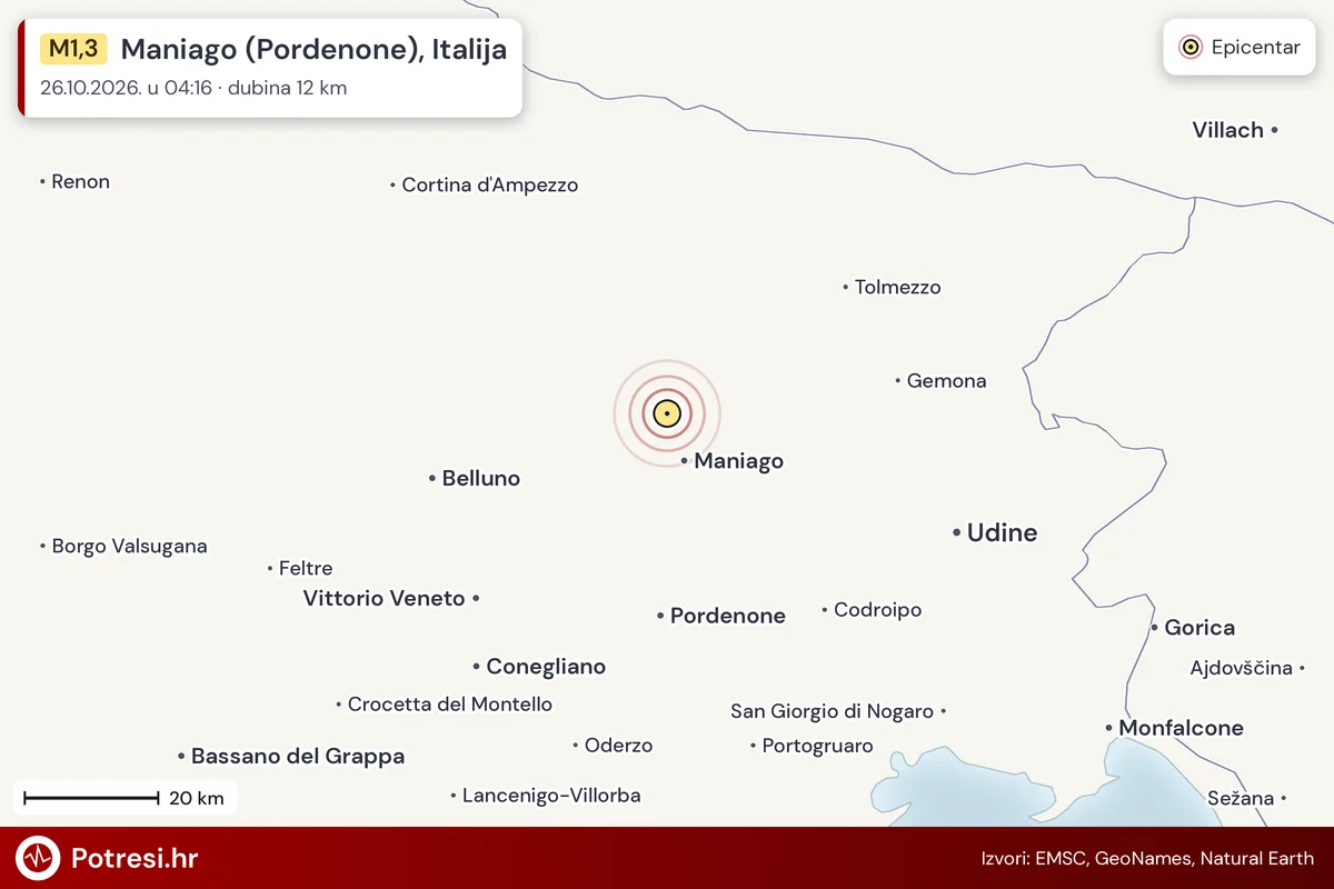 Karta: šire područje i vjerojatni doseg osjeta, potres M1,3, Maniago (Pordenone), Italija, 26.10.2026.
