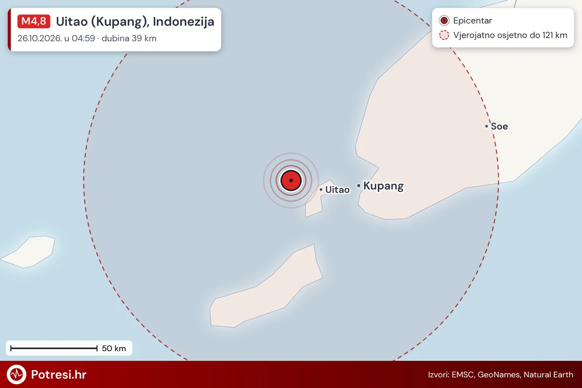 Karta: šire područje i vjerojatni doseg osjeta, potres M4,8, Uitao (Kupang), Indonezija, 26.10.2026.