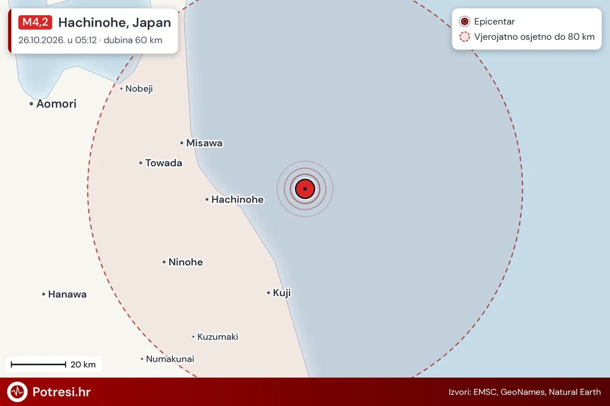 Karta: šire područje i vjerojatni doseg osjeta, potres M4,2, Hachinohe, Japan, 26.10.2026.