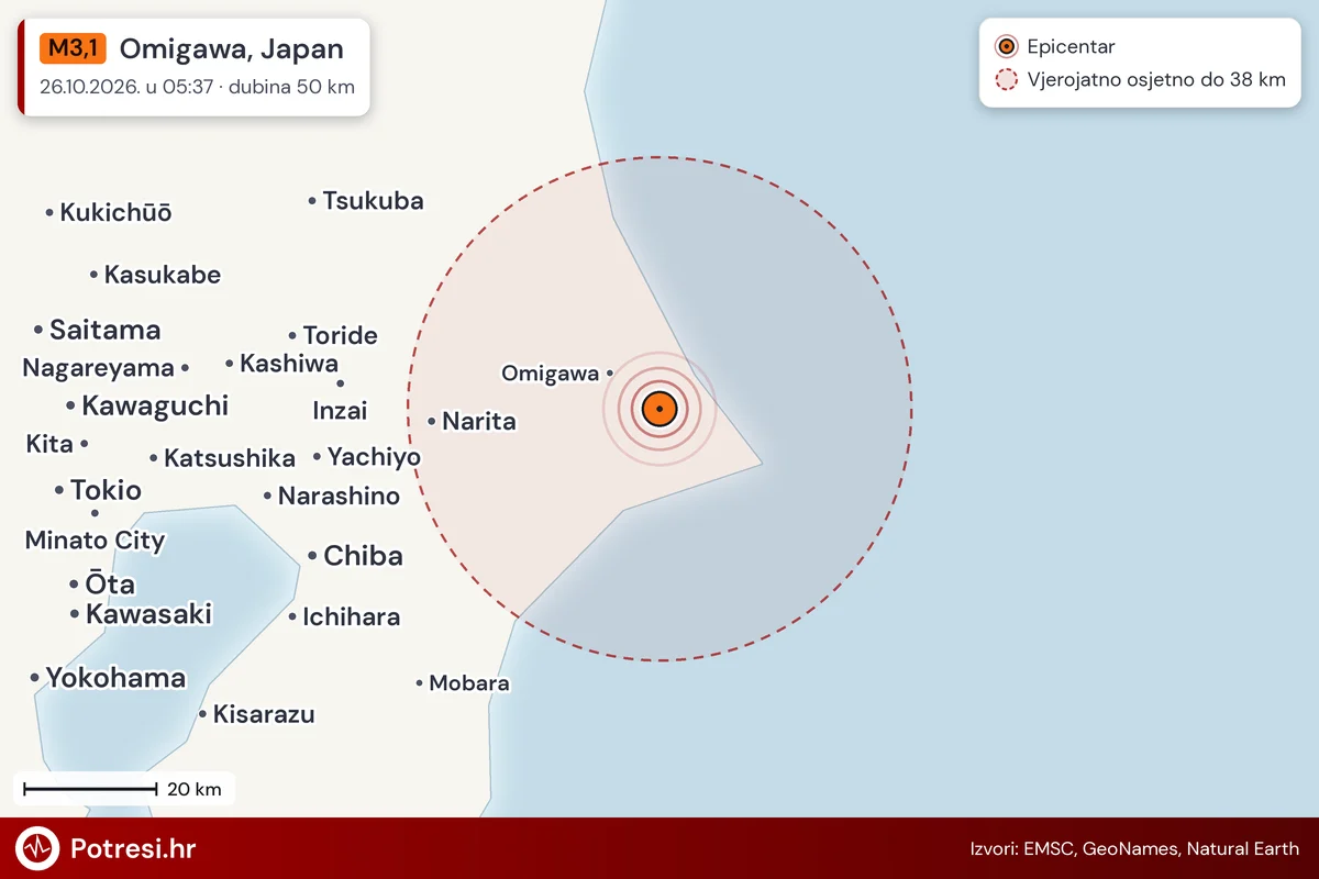 Karta: šire područje i vjerojatni doseg osjeta, potres M3,1, Omigawa, Japan, 26.10.2026.