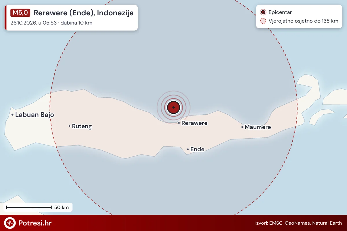 Karta: šire područje i vjerojatni doseg osjeta, potres M5,0, Rerawere (Ende), Indonezija, 26.10.2026.