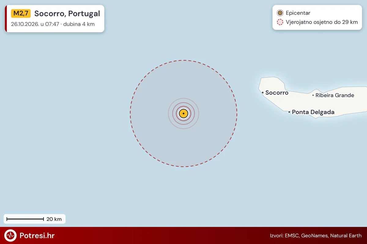Karta: šire područje i vjerojatni doseg osjeta, potres M2,7, Socorro, Portugal, 26.10.2026.