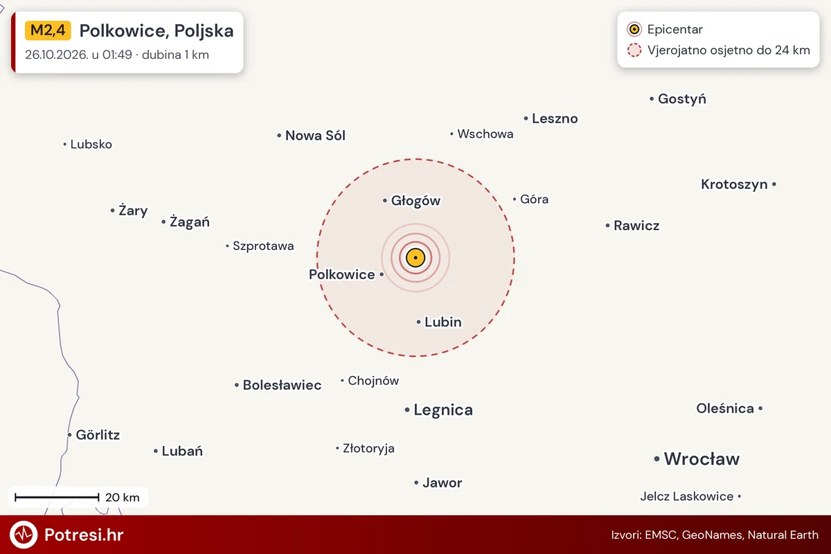 Karta: šire područje i vjerojatni doseg osjeta, potres M2,4, Polkowice, Poljska, 26.10.2026.