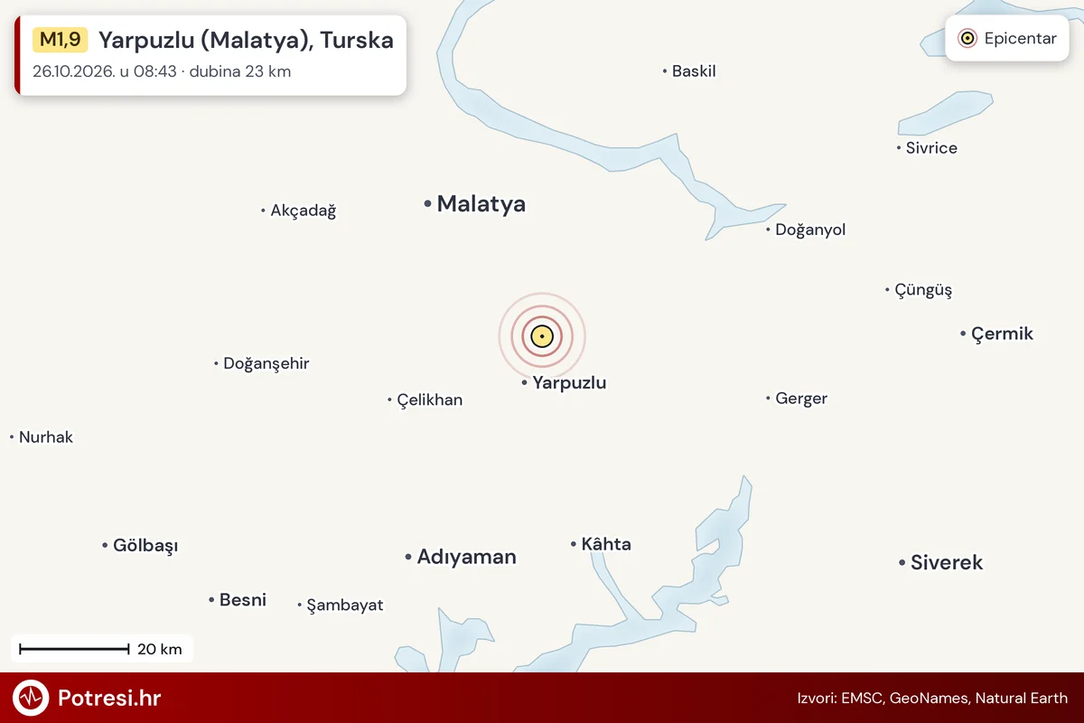Karta: šire područje i vjerojatni doseg osjeta, potres M1,9, Yarpuzlu (Malatya), Turska, 26.10.2026.