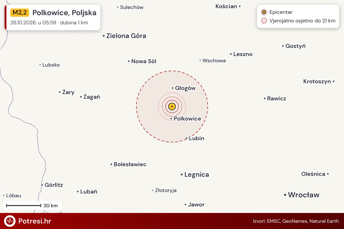 Karta: šire područje i vjerojatni doseg osjeta, potres M2,2, Polkowice, Poljska, 26.10.2026.