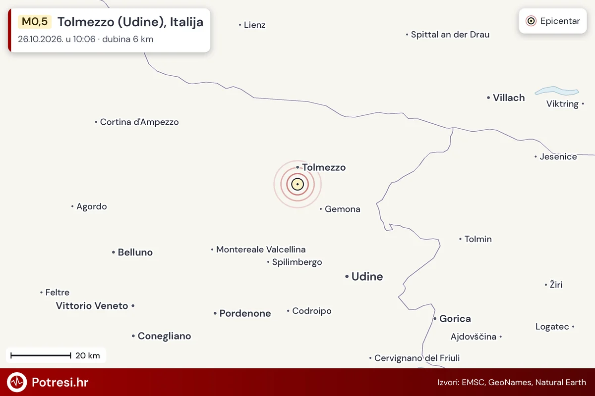 Karta: šire područje i vjerojatni doseg osjeta, potres M0,5, Tolmezzo (Udine), Italija, 26.10.2026.