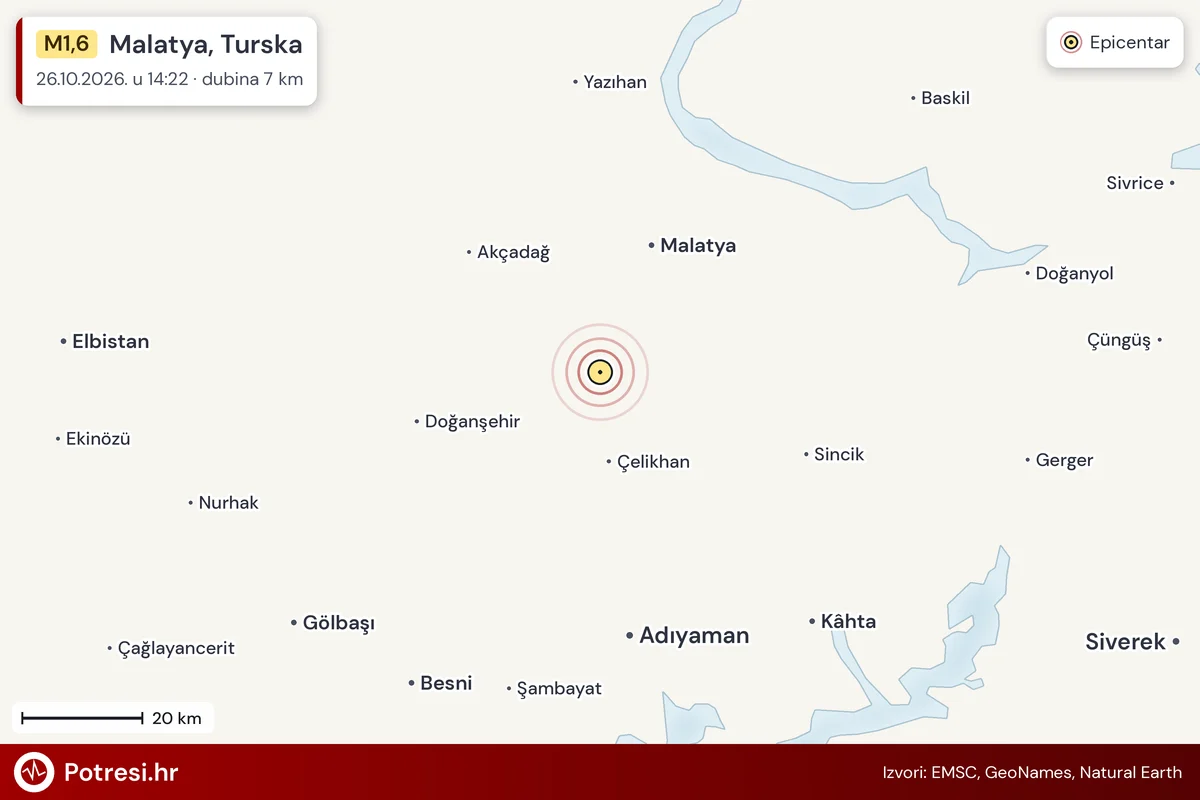 Karta: šire područje i vjerojatni doseg osjeta, potres M1,6, Malatya, Turska, 26.10.2026.