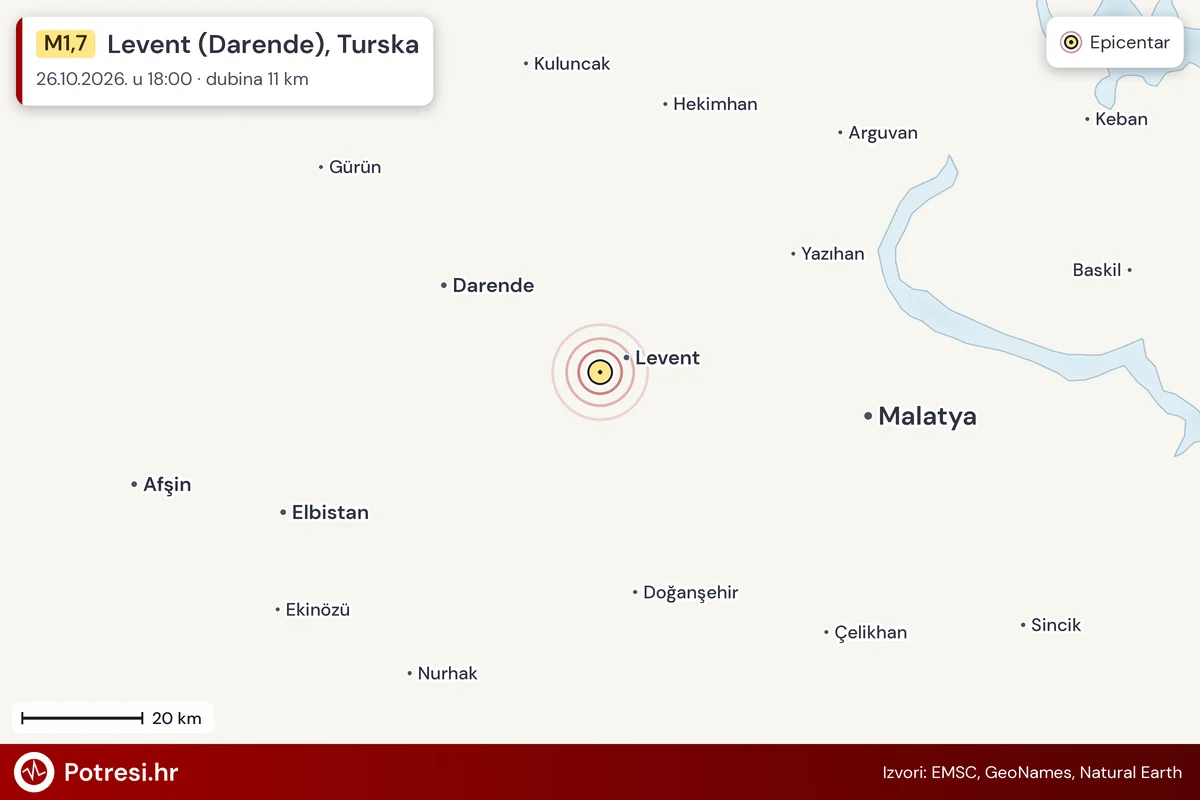 Karta: šire područje i vjerojatni doseg osjeta, potres M1,7, Levent (Darende), Turska, 26.10.2026.