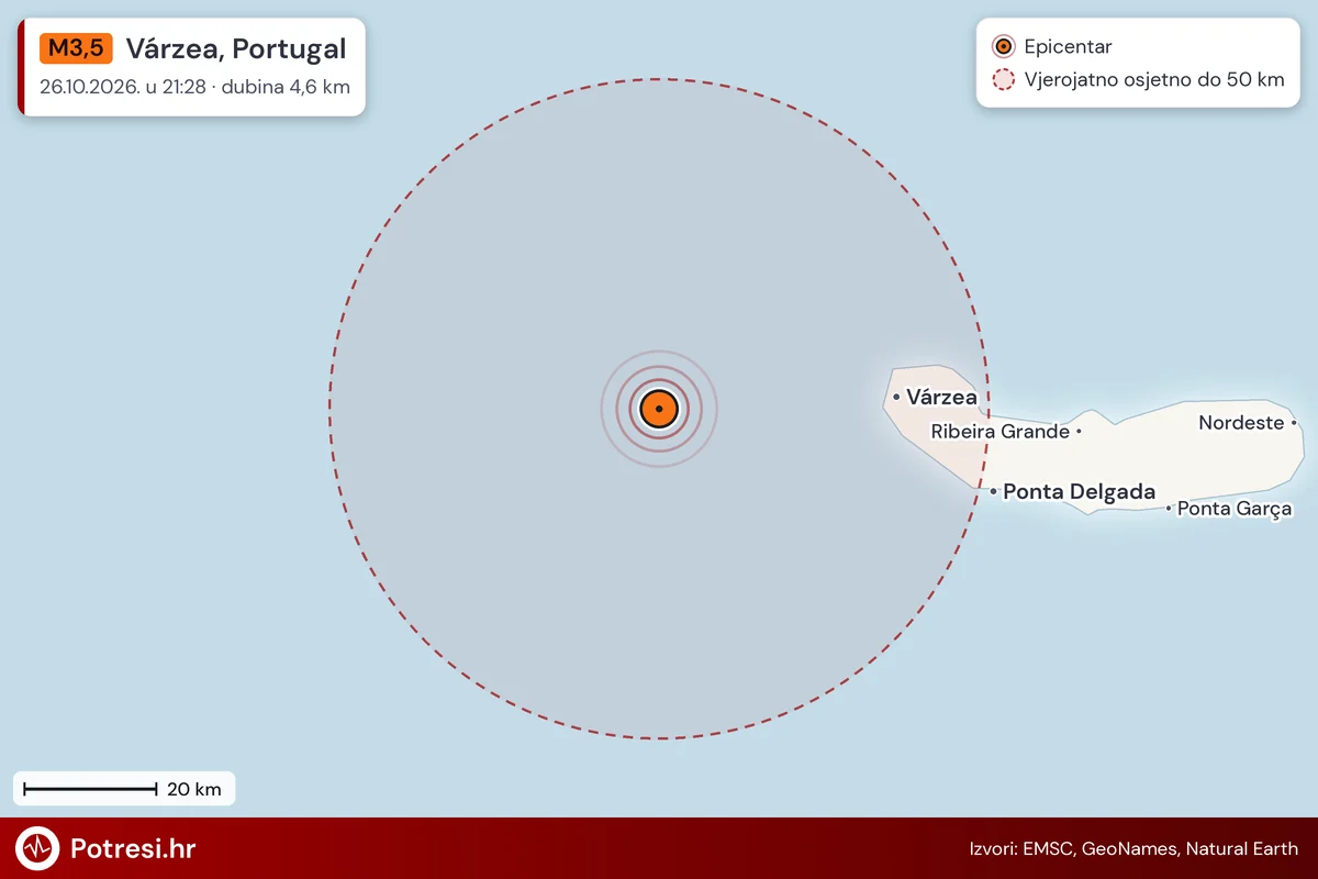 Karta: šire područje i vjerojatni doseg osjeta, potres M3,5, Várzea, Portugal, 26.10.2026.
