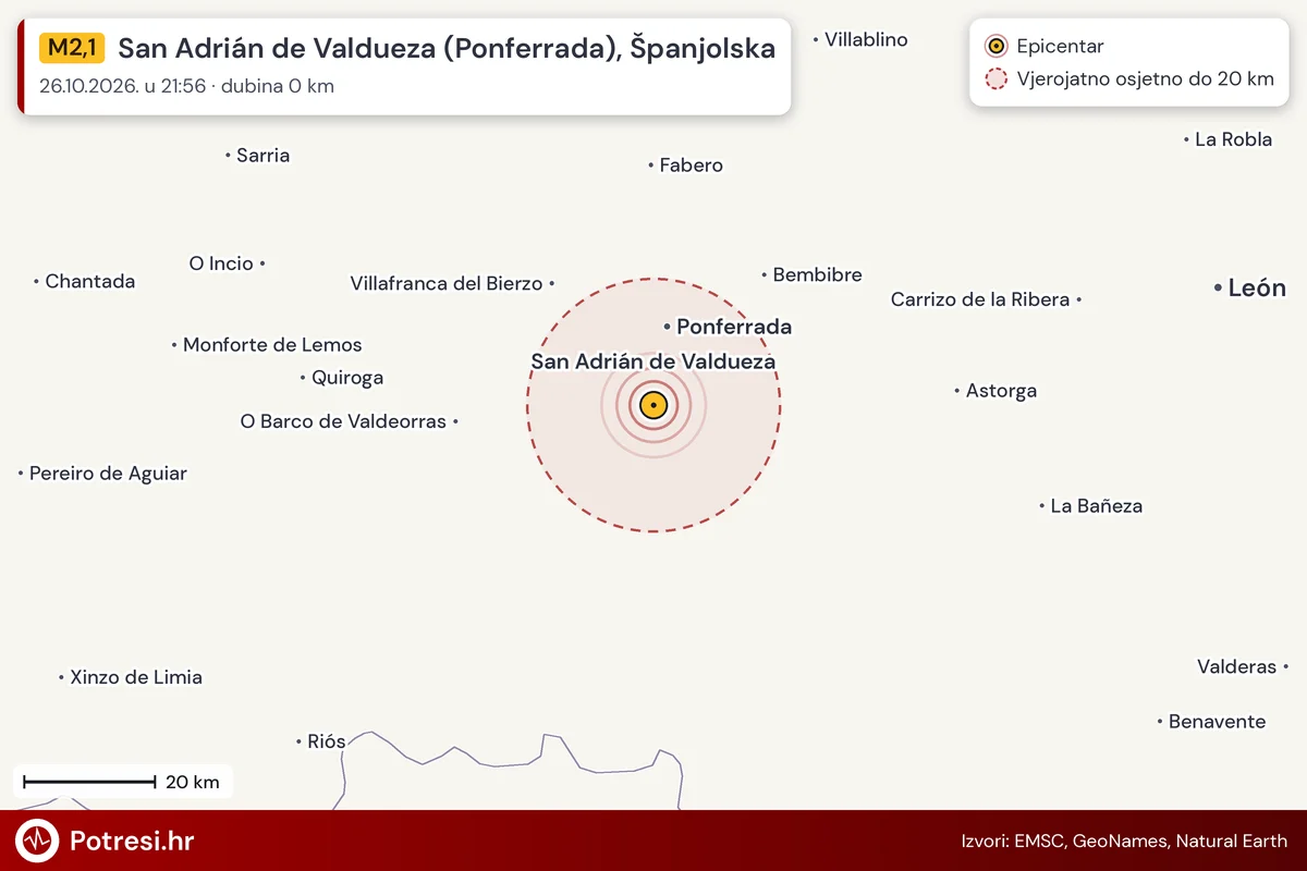 Karta: šire područje i vjerojatni doseg osjeta, potres M2,1, San Adrián de Valdueza (Ponferrada), Španjolska, 26.10.2026.