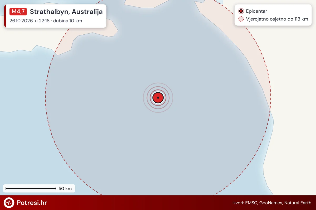 Karta: šire područje i vjerojatni doseg osjeta, potres M4,7, Strathalbyn, Australija, 26.10.2026.