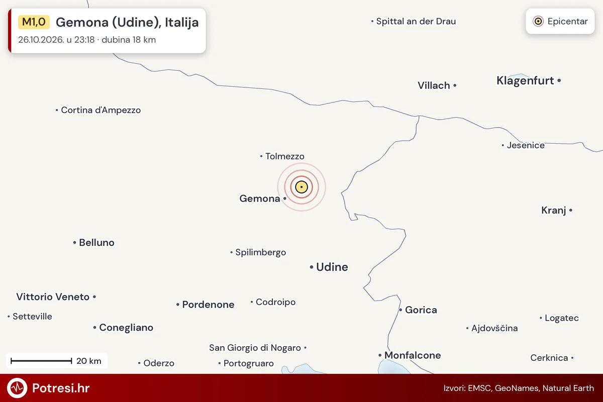 Karta: šire područje i vjerojatni doseg osjeta, potres M1,0, Gemona (Udine), Italija, 26.10.2026.