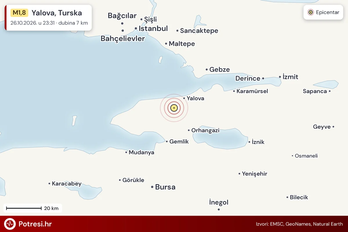 Karta: šire područje i vjerojatni doseg osjeta, potres M1,8, Yalova, Turska, 26.10.2026.