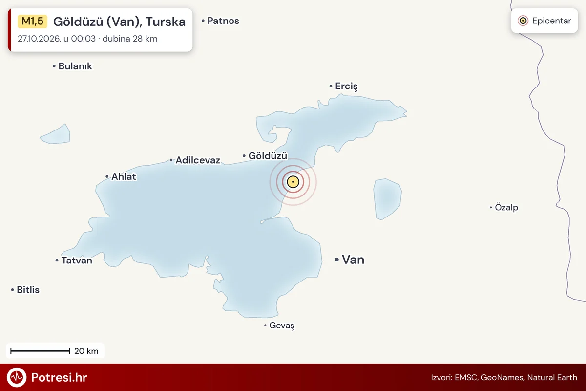 Karta: šire područje i vjerojatni doseg osjeta, potres M1,5, Göldüzü (Van), Turska, 27.10.2026.
