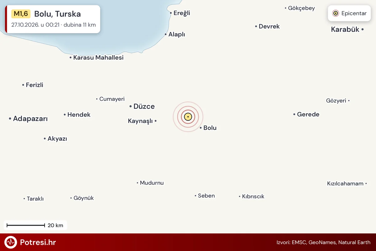 Karta: šire područje i vjerojatni doseg osjeta, potres M1,6, Bolu, Turska, 27.10.2026.