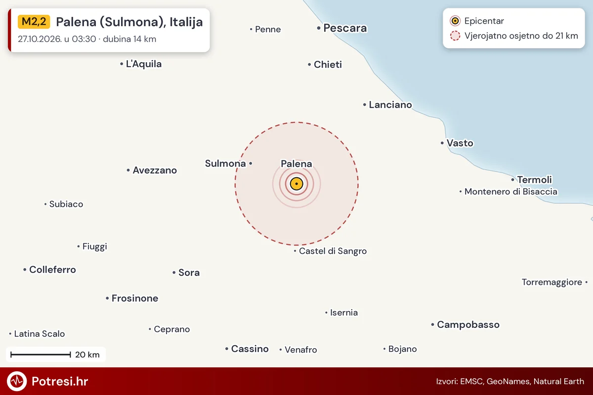 Karta: šire područje i vjerojatni doseg osjeta, potres M2,2, Palena (Sulmona), Italija, 27.10.2026.