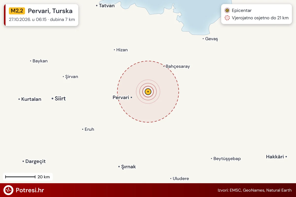 Karta: šire područje i vjerojatni doseg osjeta, potres M2,2, Pervari, Turska, 27.10.2026.