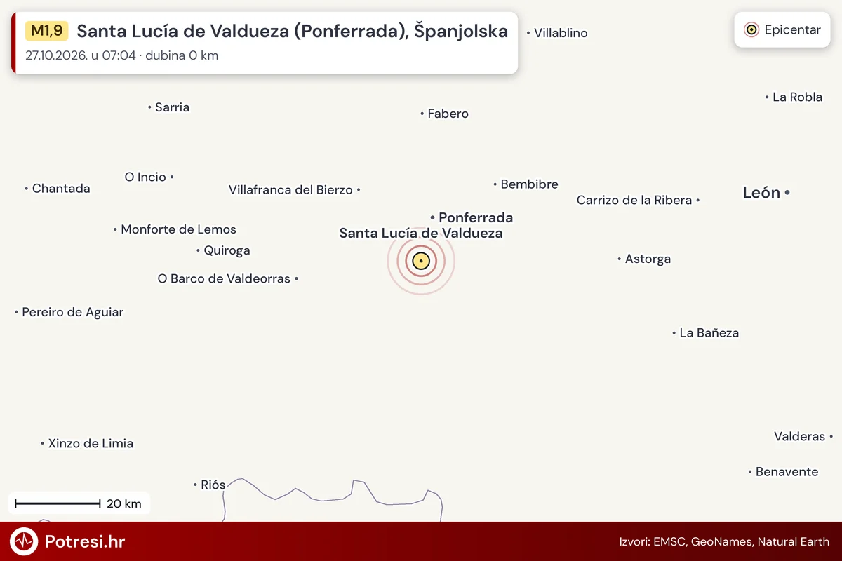 Karta: šire područje i vjerojatni doseg osjeta, potres M1,9, Santa Lucía de Valdueza (Ponferrada), Španjolska, 27.10.2026.