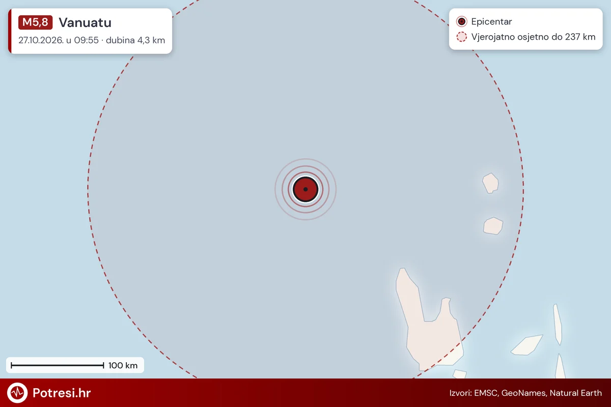 Karta: šire područje i vjerojatni doseg osjeta, potres M5,8, Vanuatu, 27.10.2026.