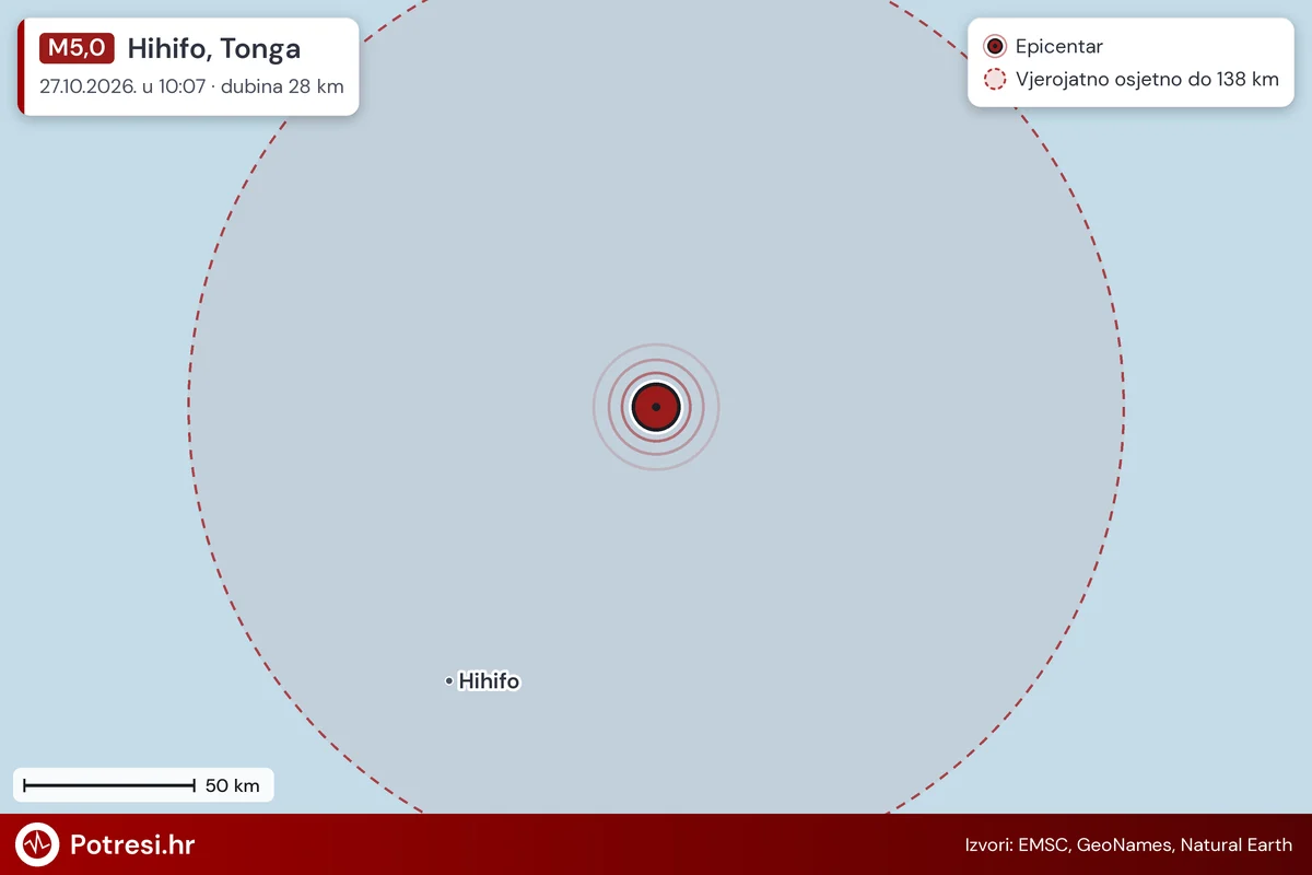 Karta: šire područje i vjerojatni doseg osjeta, potres M5,0, Hihifo, Tonga, 27.10.2026.
