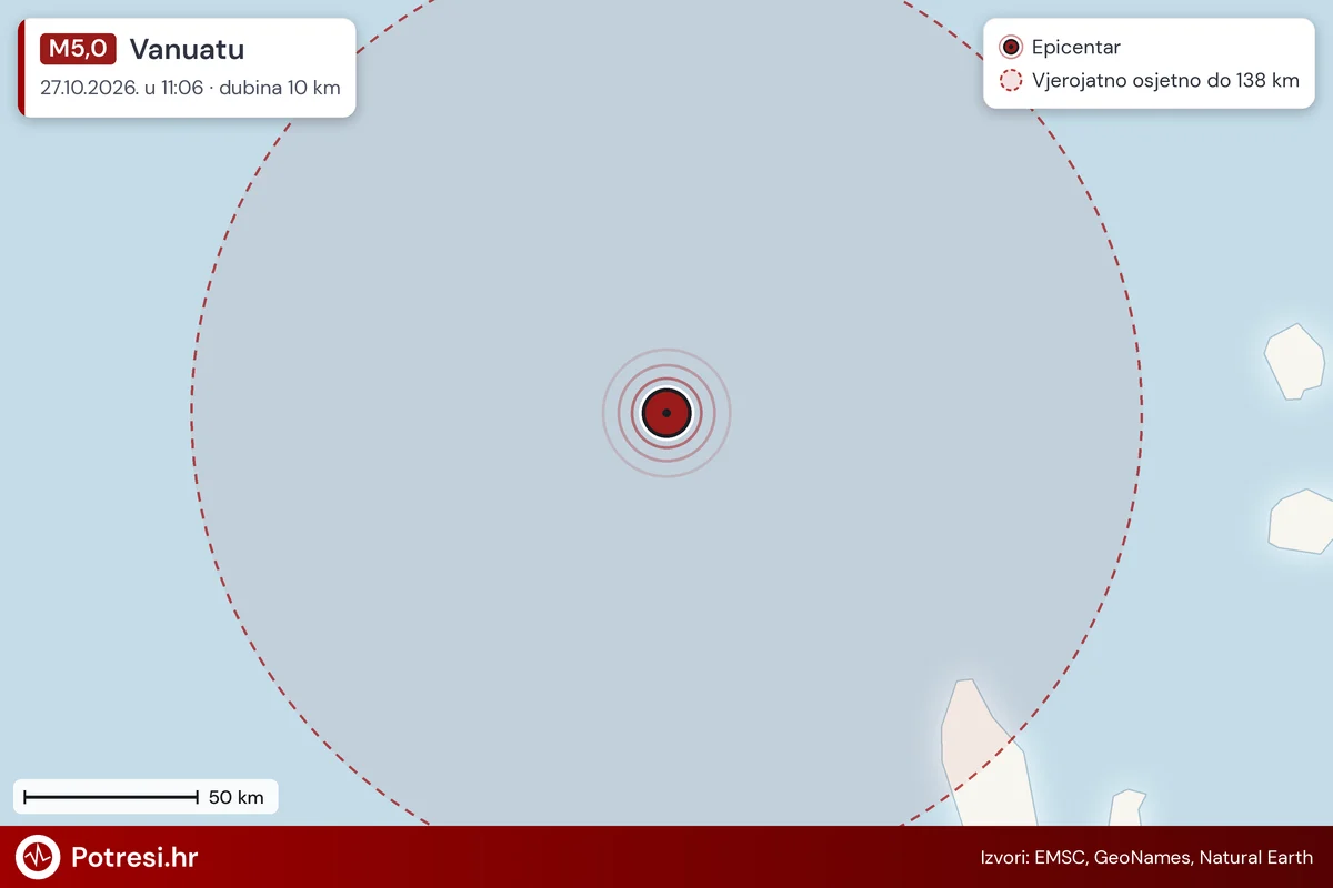 Karta: šire područje i vjerojatni doseg osjeta, potres M5,0, Vanuatu, 27.10.2026.