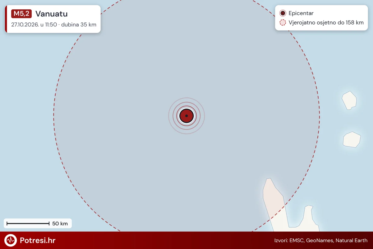 Karta: šire područje i vjerojatni doseg osjeta, potres M5,2, Vanuatu, 27.10.2026.