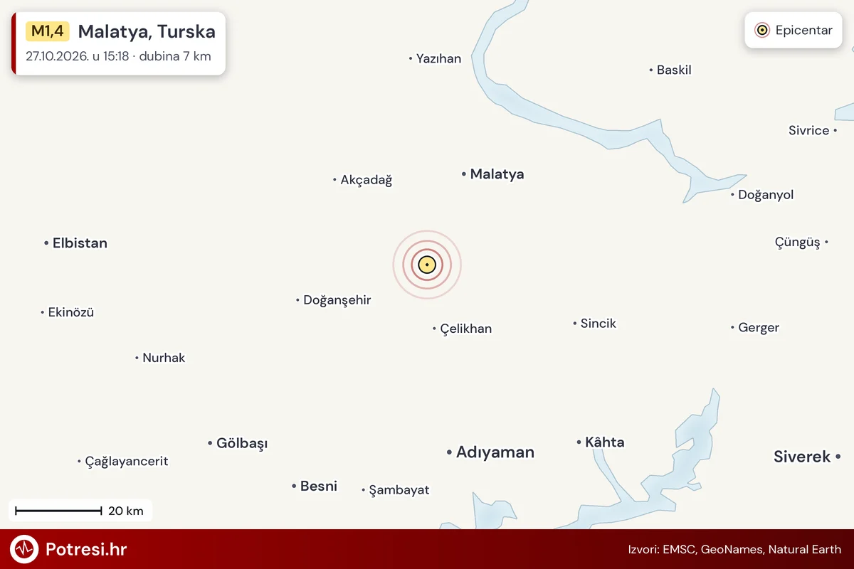 Karta: šire područje i vjerojatni doseg osjeta, potres M1,4, Malatya, Turska, 27.10.2026.
